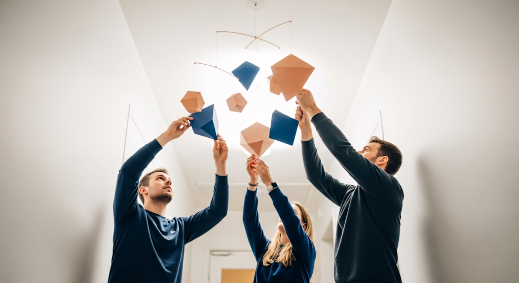 Real estate professionals collaborating on mobile technology